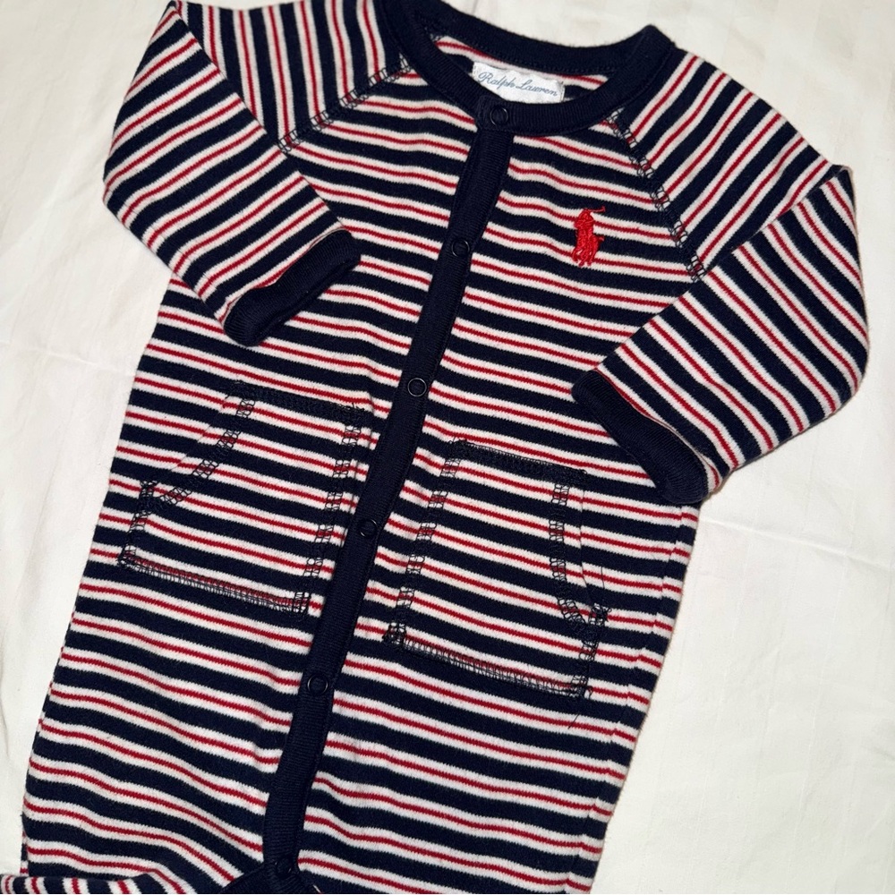 Ralph Lauren Baby Navy and Red Striped Button Down Onsie